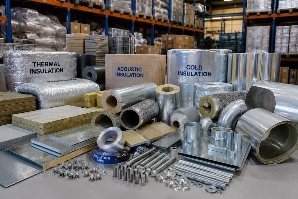 Thermal, cold, and acoustic insulation materials with fasteners and tapes staged in a warehouse